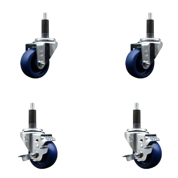 3'' SS Solid Poly Wheel Swivel 1'' Expanding Stem Caster Set 2 Brakes, 4PK